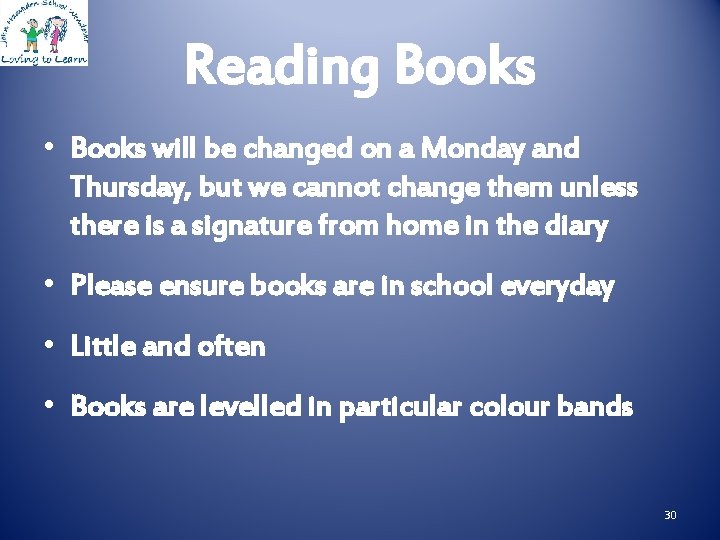 Reading Books • Books will be changed on a Monday and Thursday, but we