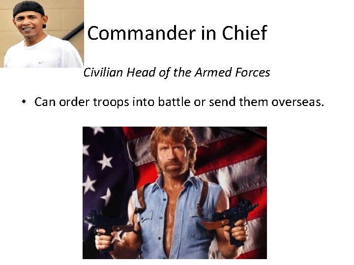 Commander in Chief Civilian Head of the Armed Forces • Can order troops into