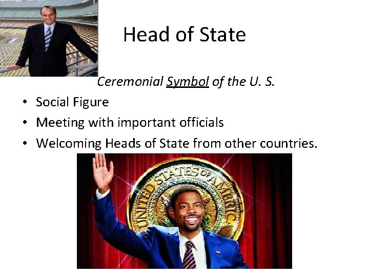 Head of State Ceremonial Symbol of the U. S. • Social Figure • Meeting
