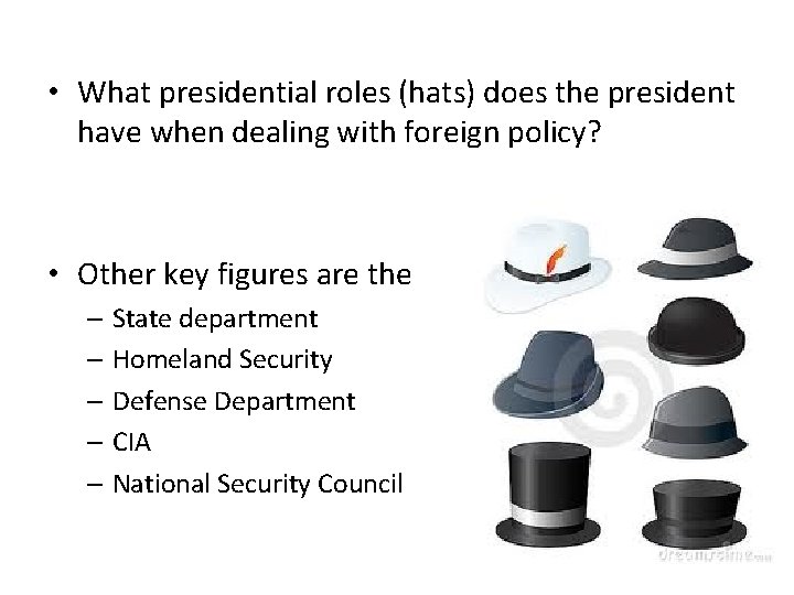  • What presidential roles (hats) does the president have when dealing with foreign