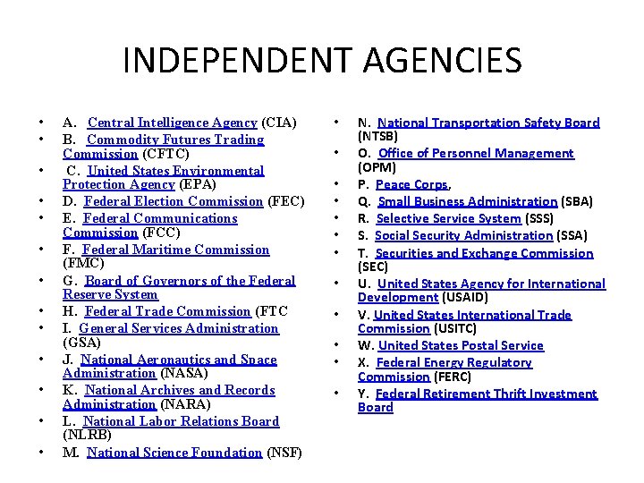 INDEPENDENT AGENCIES • • • • A. Central Intelligence Agency (CIA) B. Commodity Futures