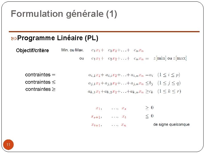 Formulation générale (1) Programme Linéaire (PL) Objectif/critère 11 