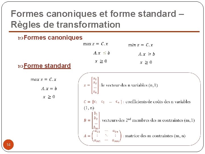 Formes canoniques et forme standard – Règles de transformation Formes canoniques Forme standard 14