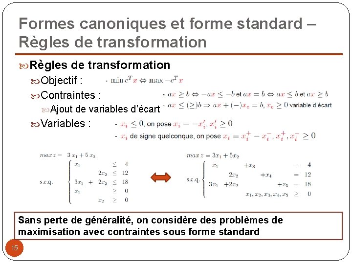 Formes canoniques et forme standard – Règles de transformation Objectif : Contraintes : Ajout