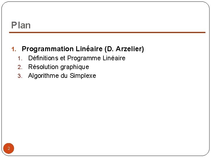 Plan 1. Programmation Linéaire (D. Arzelier) Définitions et Programme Linéaire 2. Résolution graphique 3.