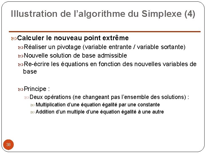 Illustration de l’algorithme du Simplexe (4) Calculer le nouveau point extrême Réaliser un pivotage