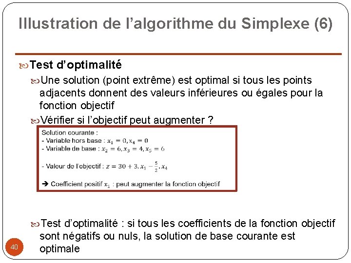Illustration de l’algorithme du Simplexe (6) Test d’optimalité Une solution (point extrême) est optimal