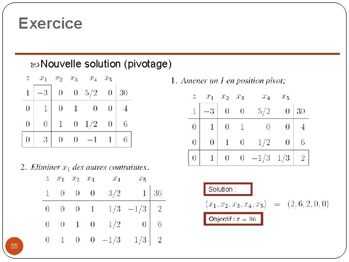 Exercice Nouvelle solution (pivotage) Solution : 55 