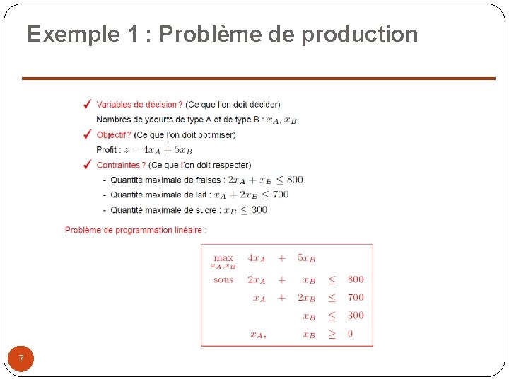 Exemple 1 : Problème de production 7 