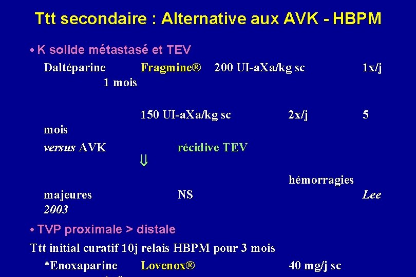 Ttt secondaire : Alternative aux AVK - HBPM • K solide métastasé et TEV