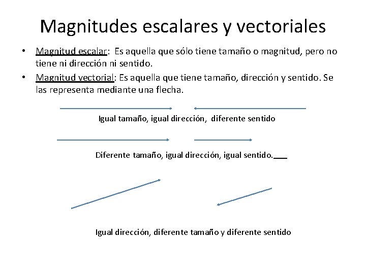 Magnitudes escalares y vectoriales • Magnitud escalar: Es aquella que sólo tiene tamaño o