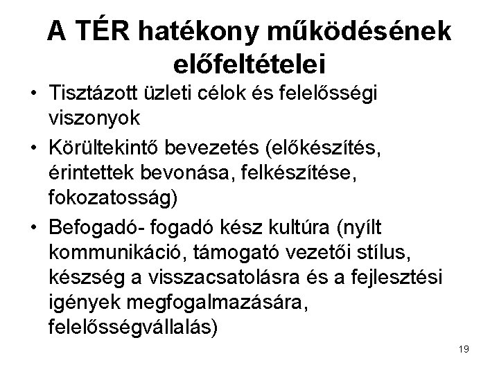 A TÉR hatékony működésének előfeltételei • Tisztázott üzleti célok és felelősségi viszonyok • Körültekintő