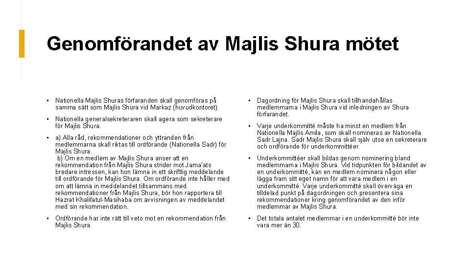 Genomförandet av Majlis Shura mötet • Nationella Majlis Shuras förfaranden skall genomföras på samma