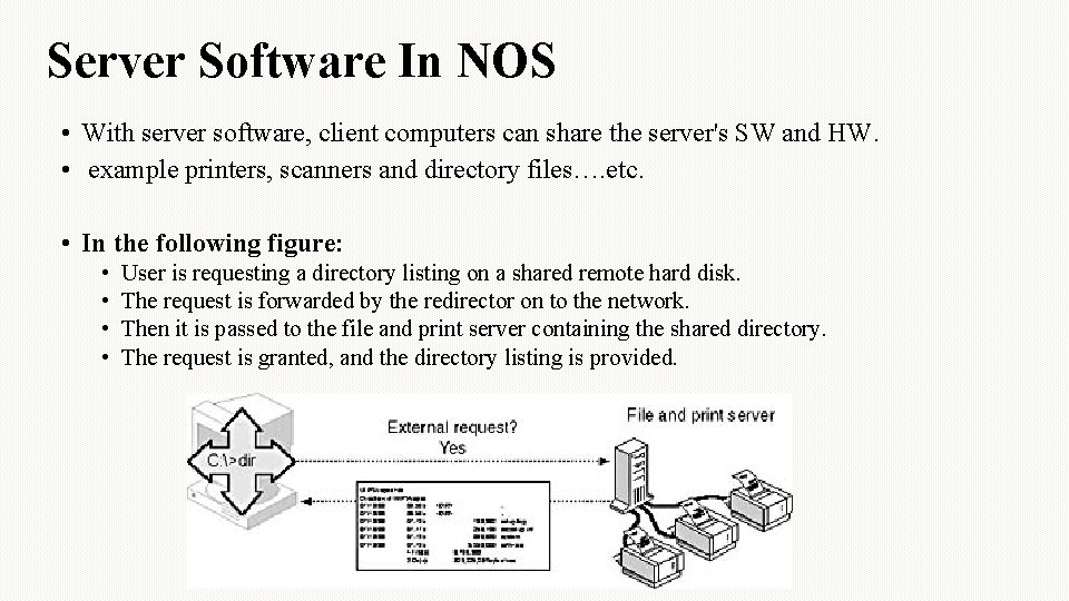 Server Software In NOS • With server software, client computers can share the server's