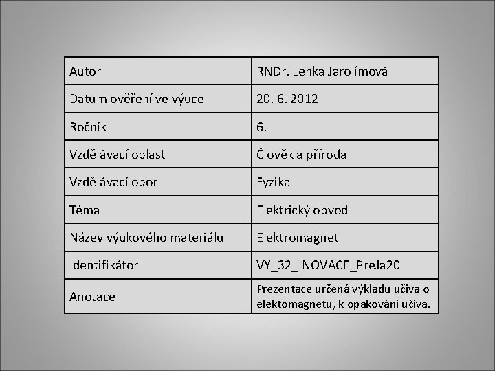 Autor RNDr. Lenka Jarolímová Datum ověření ve výuce 20. 6. 2012 Ročník 6. Vzdělávací