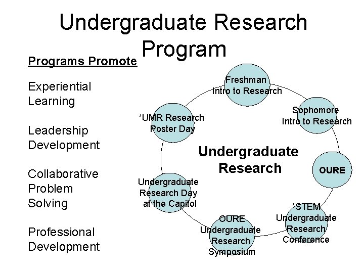 Undergraduate Research Programs Promote Freshman Intro to Research Experiential Learning Leadership Development Collaborative Problem