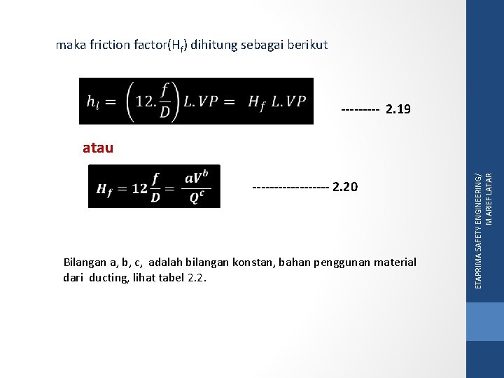 maka friction factor(Hf) dihitung sebagai berikut ----- 2. 19 --------- 2. 20 Bilangan a,