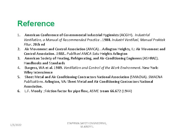Reference 1. 2. 3. 4. 5. 6. 1/5/2022 American Conference of Governmental Industrial Hygienists