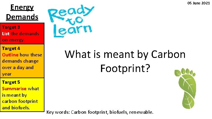 05 June 2021 Energy Demands Target 3 List the demands on energy. Target 4 05 June 2021 Energy Demands Target 3 List the demands on energy. Target 4