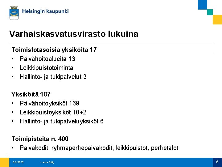 Varhaiskasvatusvirasto lukuina Toimistotasoisia yksiköitä 17 • Päivähoitoalueita 13 • Leikkipuistotoiminta • Hallinto- ja tukipalvelut