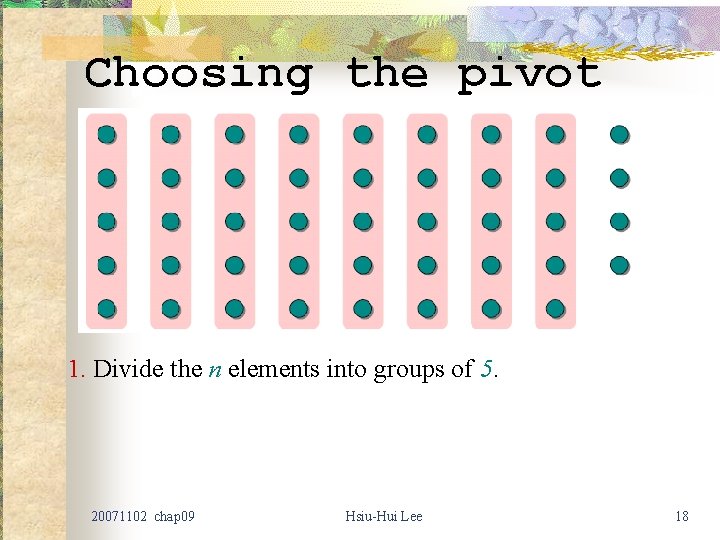 Choosing the pivot 1. Divide the n elements into groups of 5. 20071102 chap