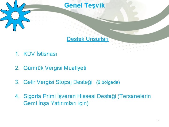 Genel Teşvik Destek Unsurları 1. KDV İstisnası 2. Gümrük Vergisi Muafiyeti 3. Gelir Vergisi