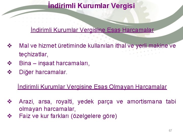 İndirimli Kurumlar Vergisine Esas Harcamalar v v v Mal ve hizmet üretiminde kullanılan ithal