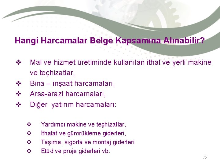 Hangi Harcamalar Belge Kapsamına Alınabilir? v v Mal ve hizmet üretiminde kullanılan ithal ve