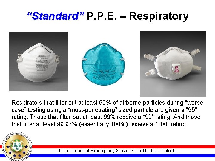 “Standard” P. P. E. – Respiratory Respirators that filter out at least 95% of