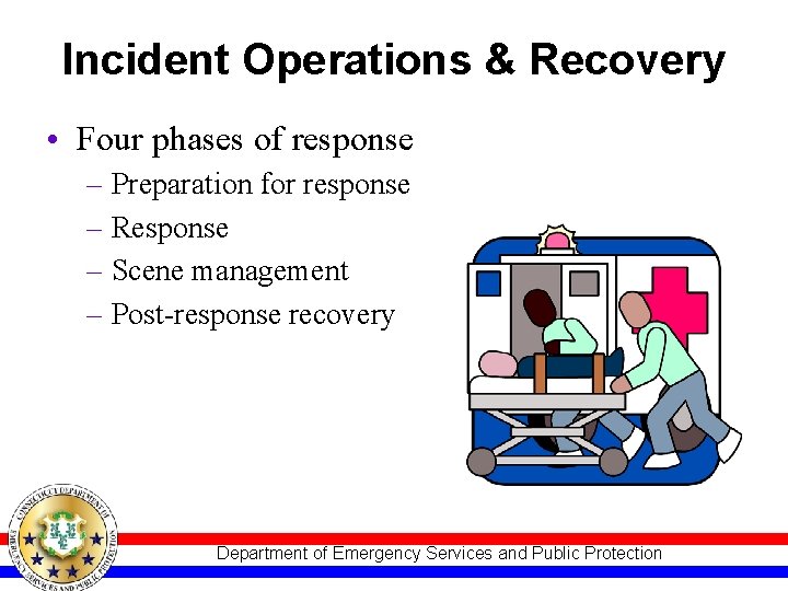 Incident Operations & Recovery • Four phases of response – Preparation for response –