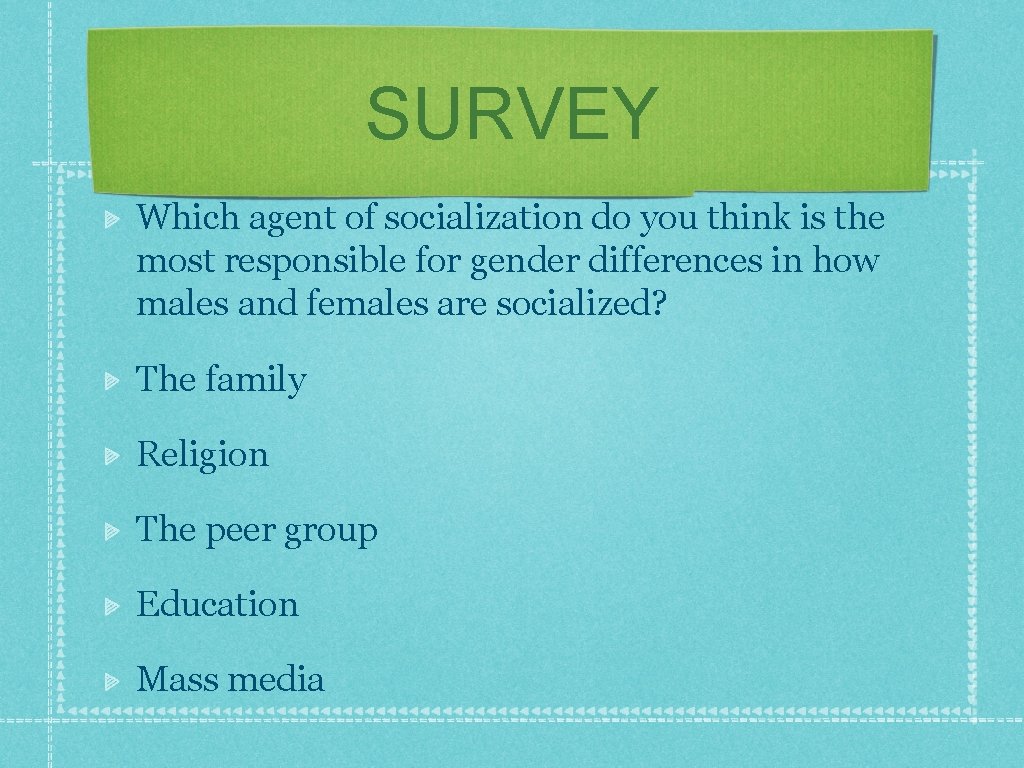 SURVEY Which agent of socialization do you think is the most responsible for gender