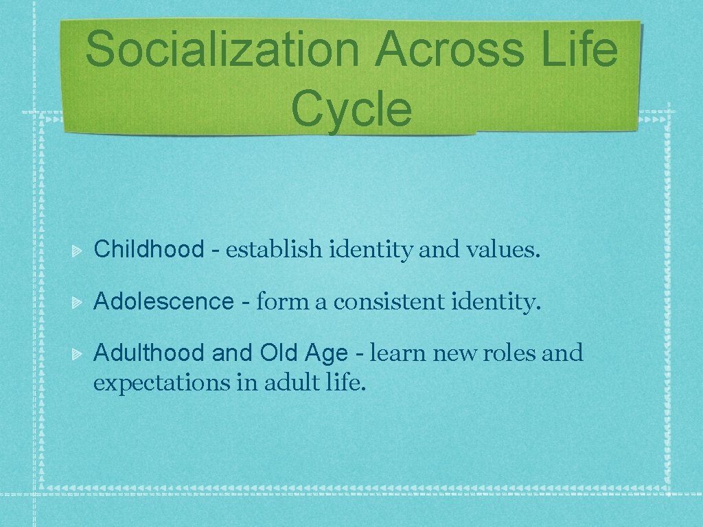 Socialization Across Life Cycle Childhood - establish identity and values. Adolescence - form a