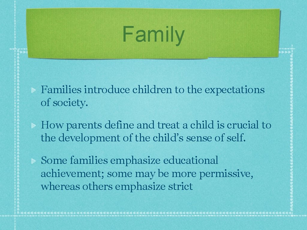 Family Families introduce children to the expectations of society. How parents define and treat