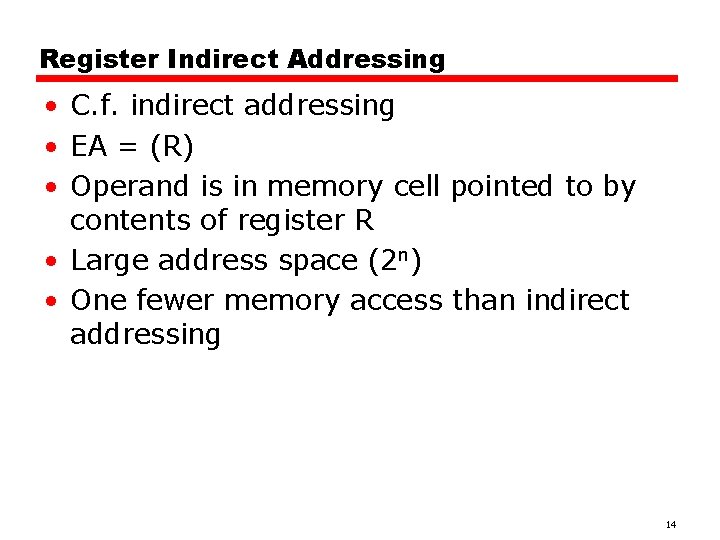 Register Indirect Addressing • C. f. indirect addressing • EA = (R) • Operand Register Indirect Addressing • C. f. indirect addressing • EA = (R) • Operand