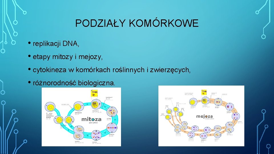 PODZIAŁY KOMÓRKOWE • replikacji DNA, • etapy mitozy i mejozy, • cytokineza w komórkach