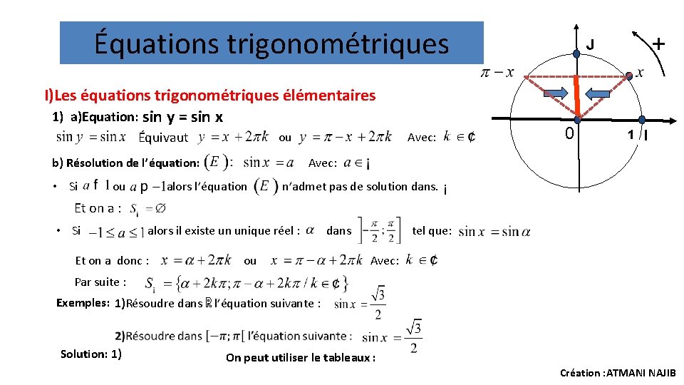 Équations trigonométriques I)Les équations trigonométriques élémentaires 1) a)Equation: sin y = sin x Équivaut Équations trigonométriques I)Les équations trigonométriques élémentaires 1) a)Equation: sin y = sin x Équivaut