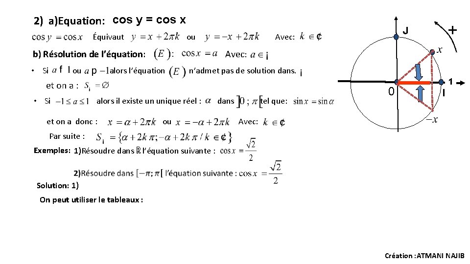 2) a)Equation: cos y = cos x Équivaut ou b) Résolution de l’équation: • 2) a)Equation: cos y = cos x Équivaut ou b) Résolution de l’équation: •
