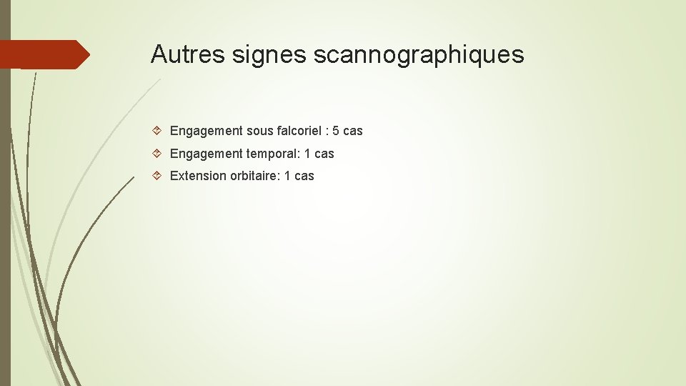 Autres signes scannographiques Engagement sous falcoriel : 5 cas Engagement temporal: 1 cas Extension
