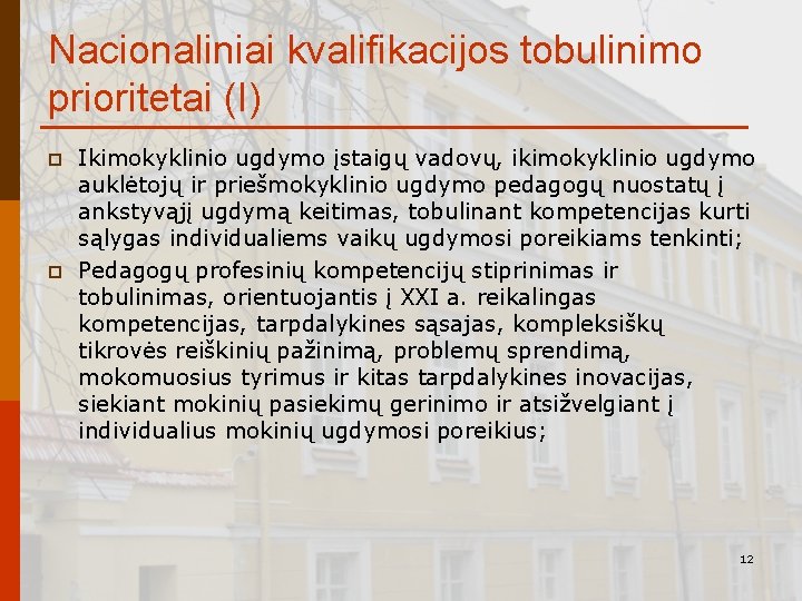 Nacionaliniai kvalifikacijos tobulinimo prioritetai (I) p p Ikimokyklinio ugdymo įstaigų vadovų, ikimokyklinio ugdymo auklėtojų