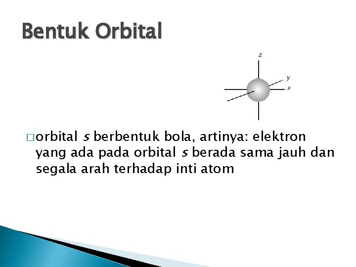 Bentuk Orbital s berbentuk bola, artinya: elektron yang ada pada orbital s berada sama