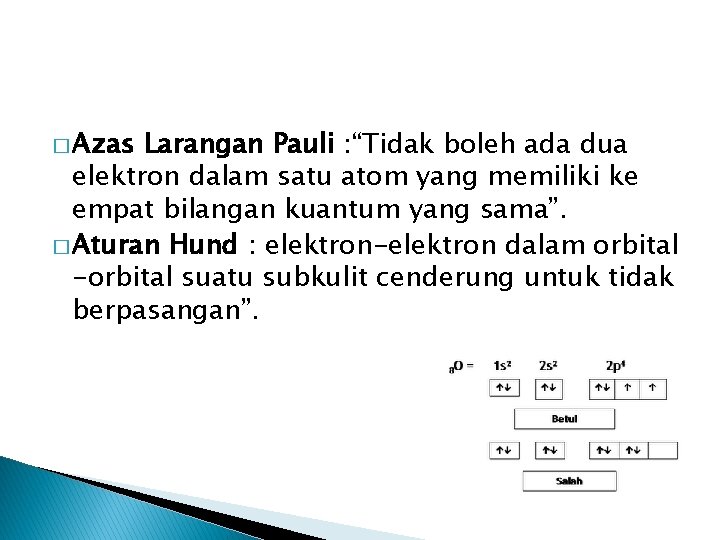 � Azas Larangan Pauli : “Tidak boleh ada dua elektron dalam satu atom yang