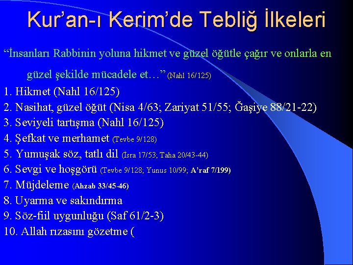 Kur’an-ı Kerim’de Tebliğ İlkeleri “İnsanları Rabbinin yoluna hikmet ve güzel öğütle çağır ve onlarla