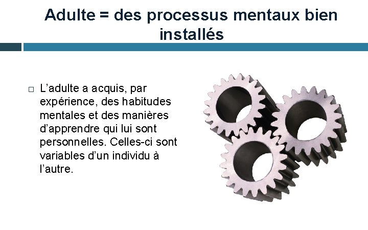 Adulte = des processus mentaux bien installés L’adulte a acquis, par expérience, des habitudes