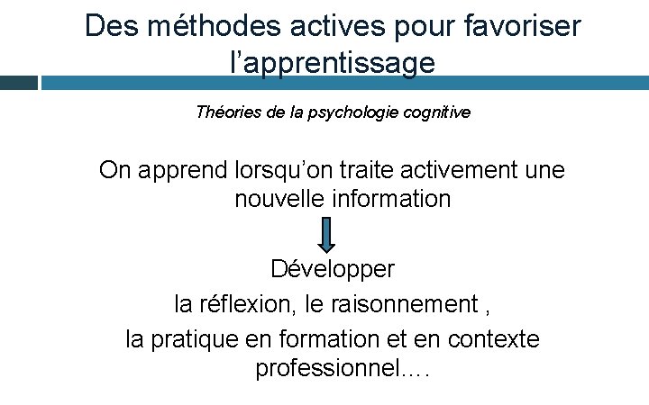 Des méthodes actives pour favoriser l’apprentissage Théories de la psychologie cognitive On apprend lorsqu’on