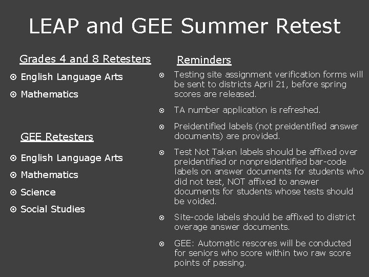 LEAP and GEE Summer Retest Grades 4 and 8 Retesters ¤ English Language Arts