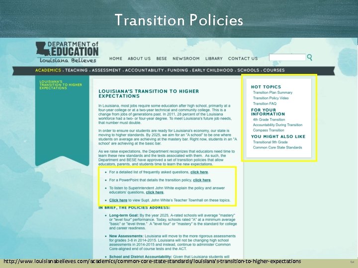 Transition Policies http: //www. louisianabelieves. com/academics/common-core-state-standards/louisiana's-transition-to-higher-expectations 64 