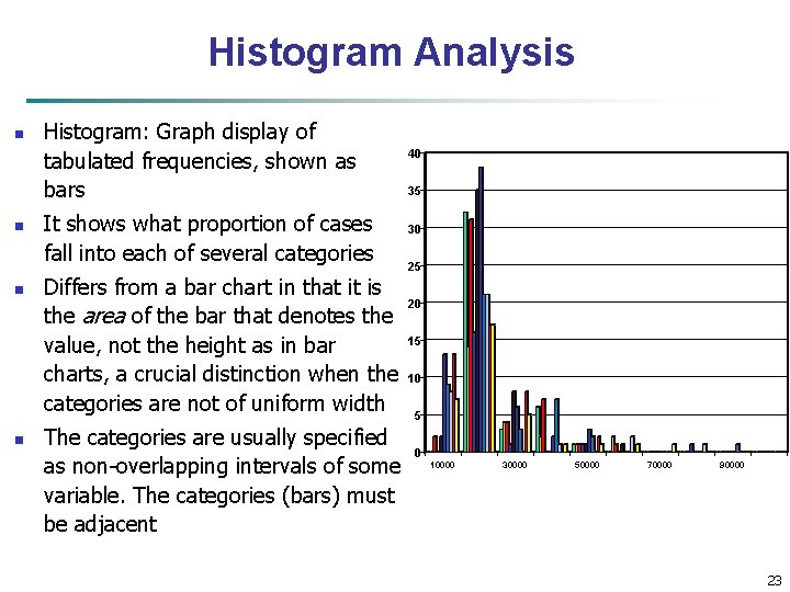 Histogram Analysis n n Histogram: Graph display of tabulated frequencies, shown as bars It