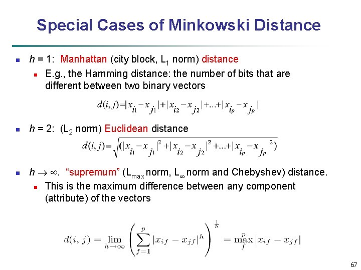 Special Cases of Minkowski Distance n n n h = 1: Manhattan (city block,