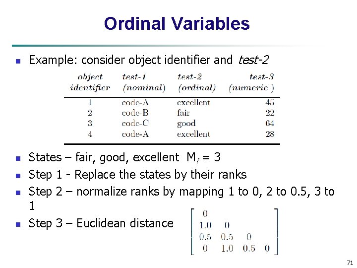 Ordinal Variables n n n Example: consider object identifier and test-2 States – fair,