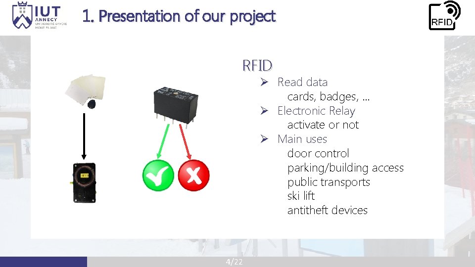 1. Presentation of our project RFID Ø Read data cards, badges, … Ø Electronic